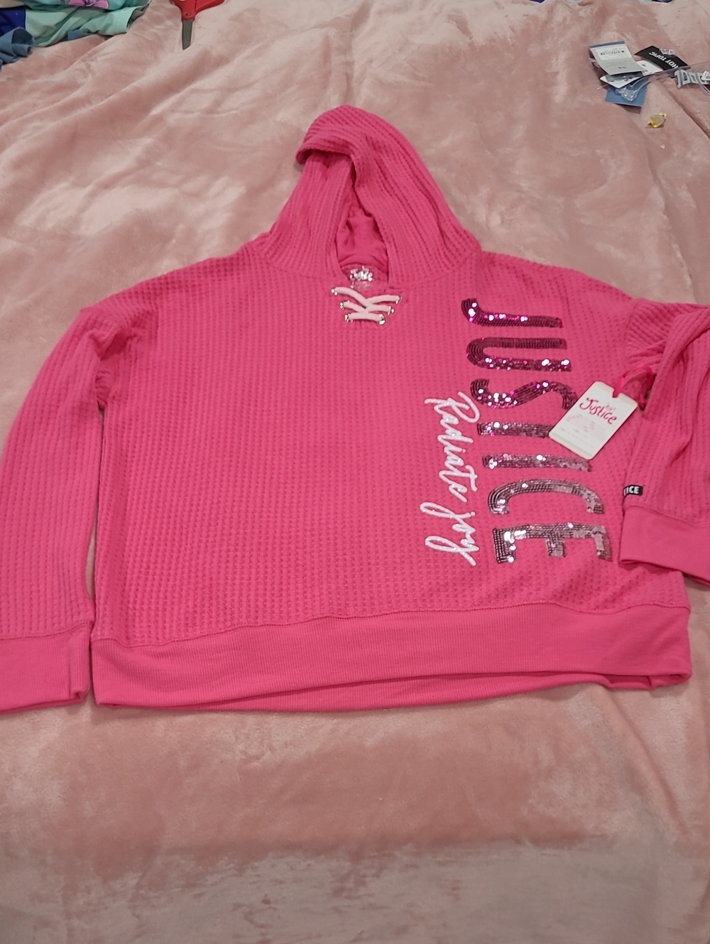 Justice Pink Sequin Logo Waffle-Knit Hoodie Sweater
